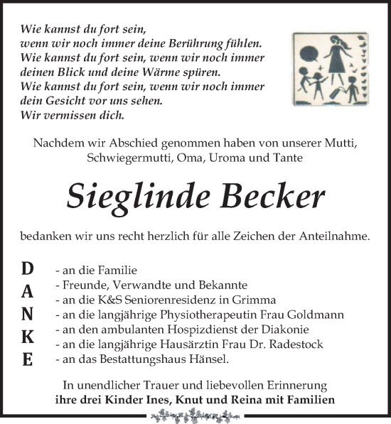 Traueranzeige von Sieglinde Becker von Leipziger Volkszeitung