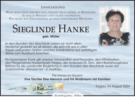 Traueranzeige von Sieglinde Hanke von Torgauer Zeitung