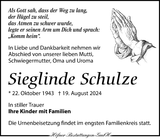 Traueranzeige von Sieglinde Schulze von Torgauer Zeitung