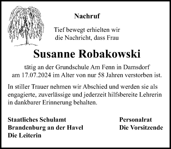 Traueranzeige von Susanne Robakowski von Märkischen Allgemeine Zeitung