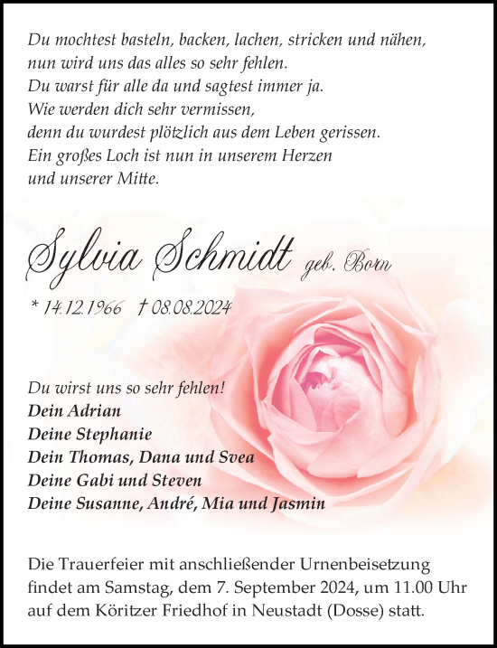 Traueranzeige von Sylvia Schmidt von Wochenspiegel