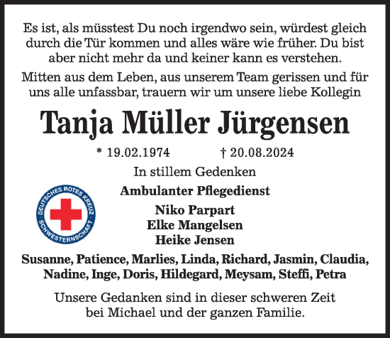 Traueranzeige von Tanja Müller Jürgensen von Kieler Nachrichten