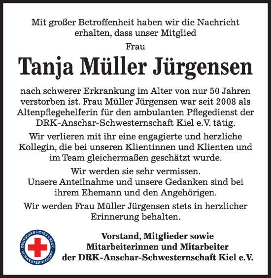 Traueranzeige von Tanja Müller Jürgensen von Kieler Nachrichten