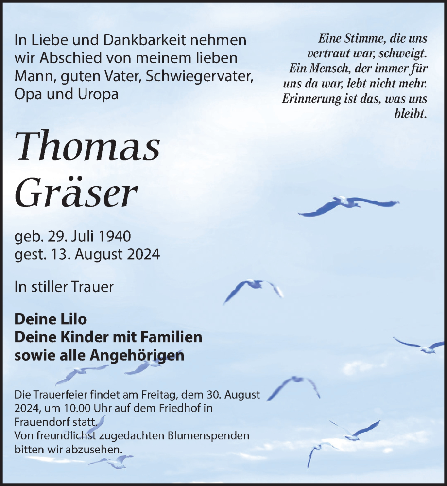  Traueranzeige für Thomas Gräser vom 17.08.2024 aus Leipziger Volkszeitung