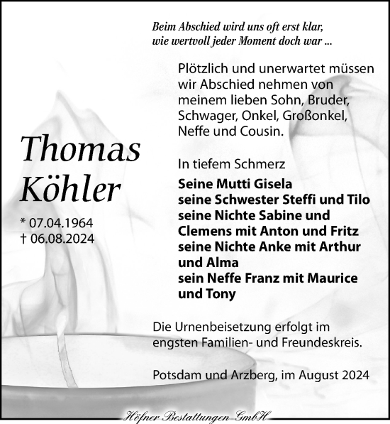 Traueranzeige von Thomas Köhler von Torgauer Zeitung