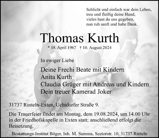 Traueranzeige von Thomas Kurth von Schaumburger Nachrichten und Schaumburger Zeitung/ Landes-Zeitung