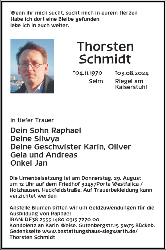 Traueranzeige von Thorsten Schmidt von Schaumburger Nachrichten