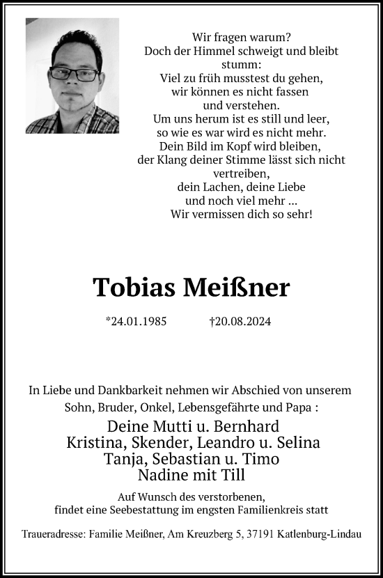 Traueranzeige von Tobias Meißner von Göttinger Tageblatt