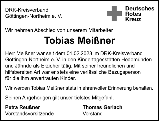 Traueranzeige von Tobias Meißner von Göttinger Tageblatt