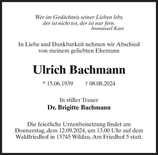 Traueranzeige von Ulrich Bachmann von Märkischen Allgemeine Zeitung