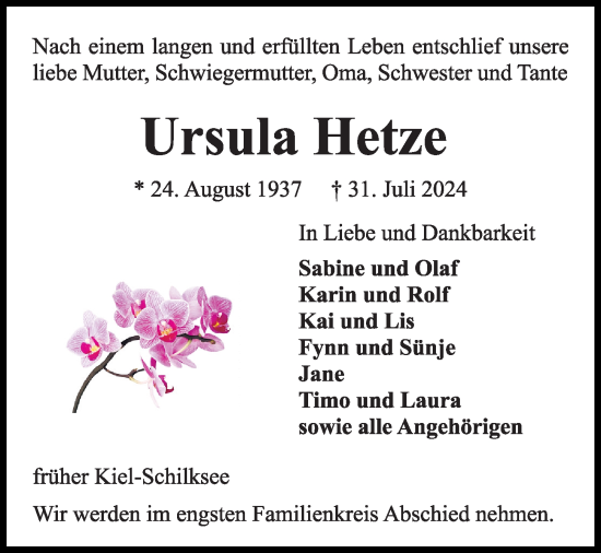 Traueranzeige von Ursula Hetze von Kieler Nachrichten