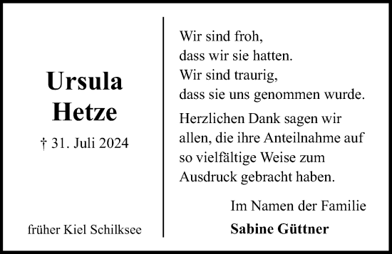 Traueranzeige von Ursula Hetze von Kieler Nachrichten