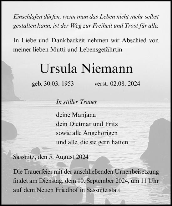 Traueranzeige von Ursula Niemann von Ostsee-Zeitung GmbH