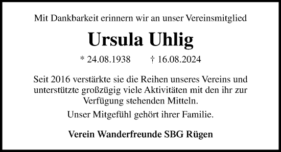 Traueranzeige von Ursula Uhlig von Ostsee-Zeitung GmbH