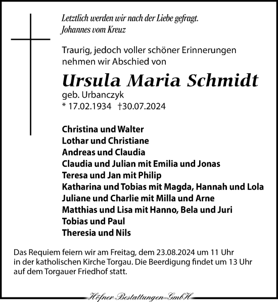 Traueranzeige von Ursula Maria Schmidt von Torgauer Zeitung