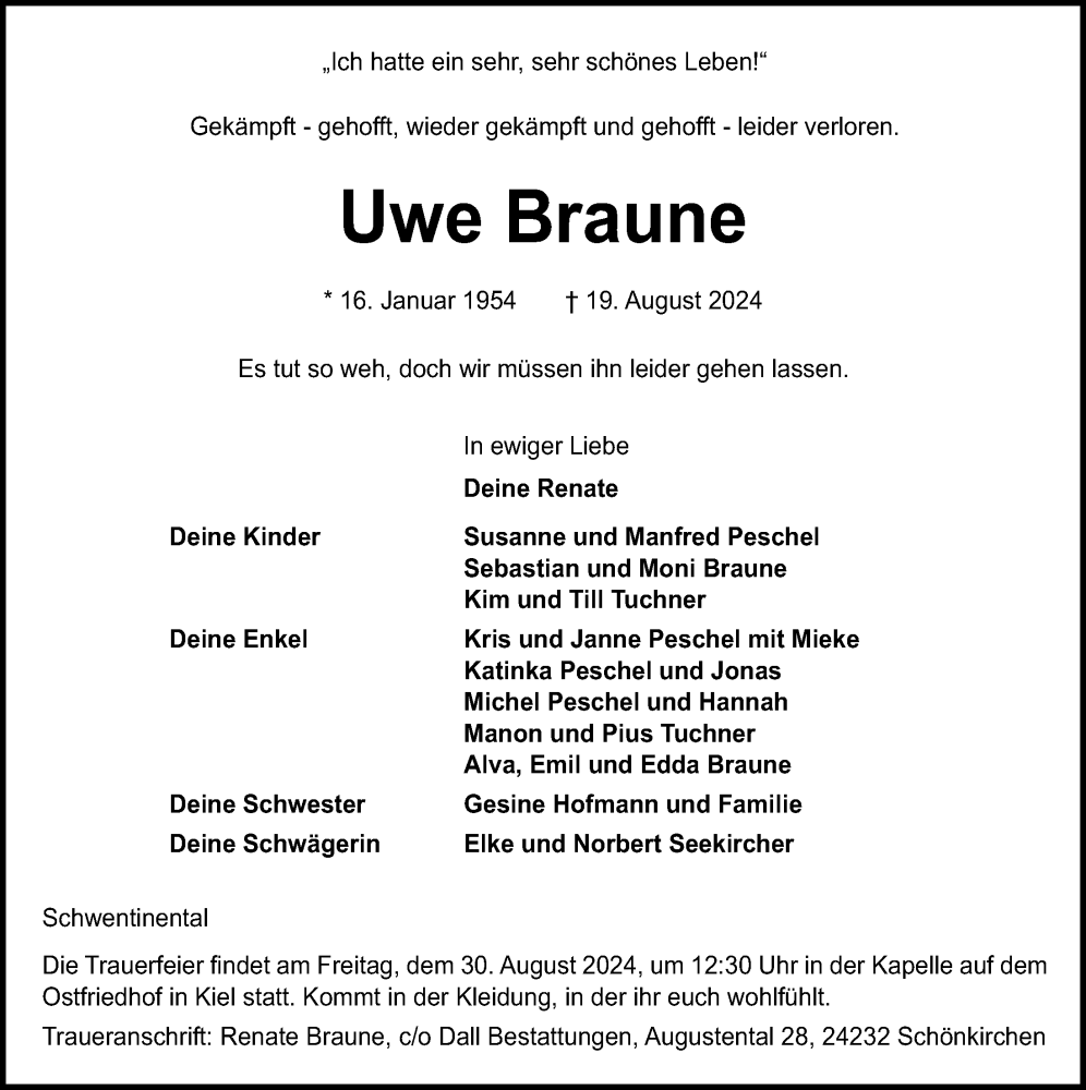  Traueranzeige für Uwe Braune vom 24.08.2024 aus Kieler Nachrichten