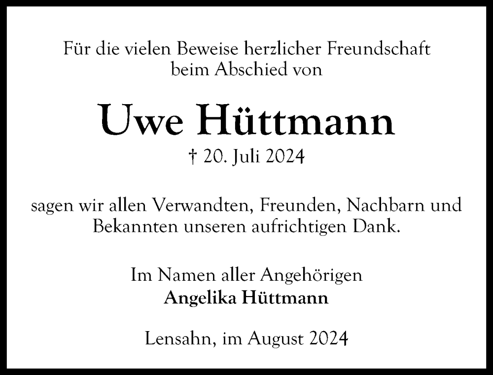  Traueranzeige für Uwe Hüttmann vom 28.08.2024 aus Lübecker Nachrichten