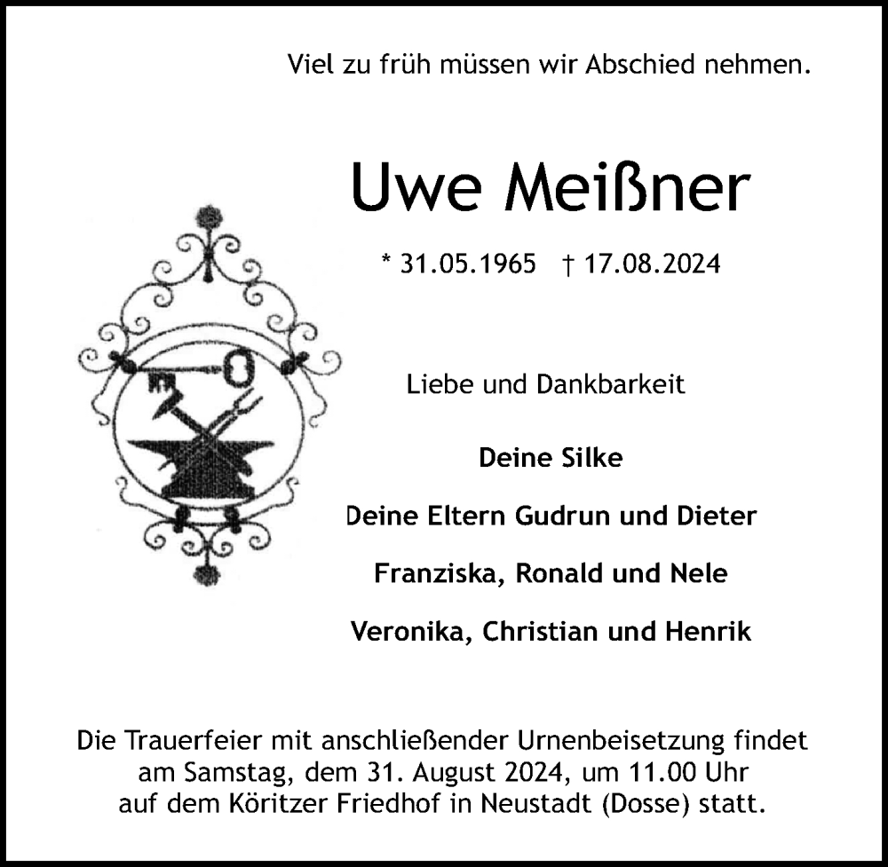  Traueranzeige für Uwe Meißner vom 24.08.2024 aus Märkischen Allgemeine Zeitung