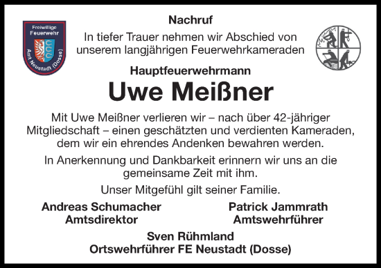 Traueranzeige von Uwe Meißner von Wochenspiegel