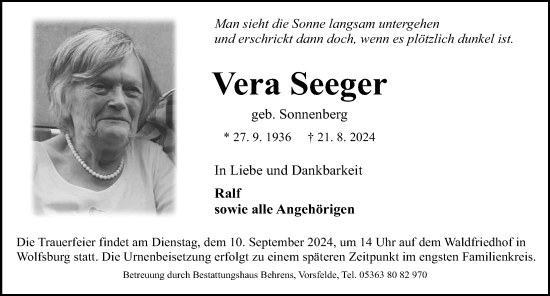 Traueranzeige von Vera Seeger von Aller Zeitung