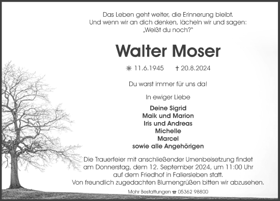 Traueranzeige von Walter Moser von Aller Zeitung