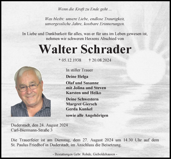 Traueranzeige von Walter Schrader von Eichsfelder Tageblatt