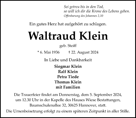 Traueranzeige von Waltraud Klein von Hannoversche Allgemeine Zeitung/Neue Presse