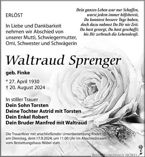 Traueranzeige von Waltraud Sprenger von Leipziger Volkszeitung