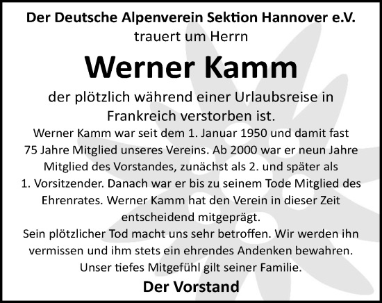 Traueranzeige von Werner Kamm von Hannoversche Allgemeine Zeitung/Neue Presse