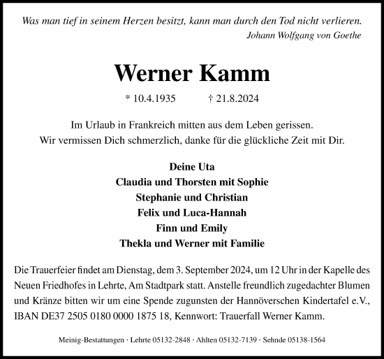 Traueranzeige von Werner Kamm von Hannoversche Allgemeine Zeitung/Neue Presse