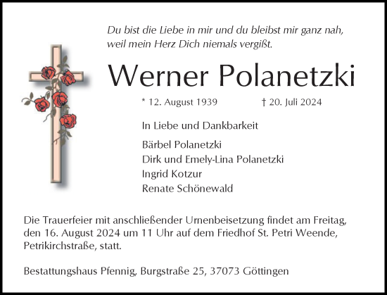 Traueranzeige von Werner Polanetzki von Göttinger Tageblatt