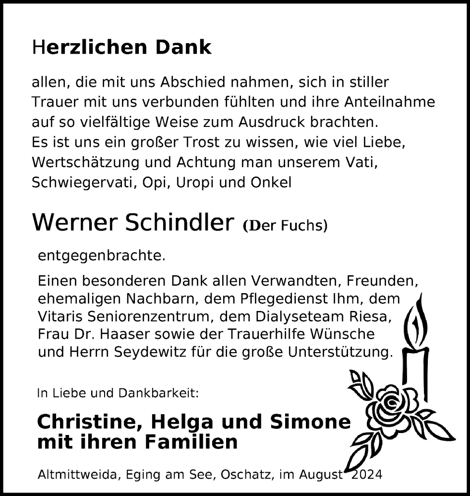  Traueranzeige für Werner Schindler vom 17.08.2024 aus Leipziger Volkszeitung