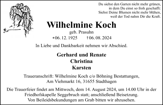 Traueranzeige von Wilhelmine Koch von Schaumburger Nachrichten