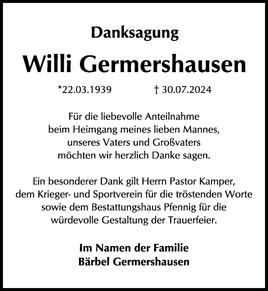 Traueranzeige von Willi Germershausen von Göttinger Tageblatt