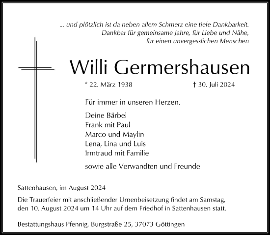 Traueranzeige von Willi Germershausen von Göttinger Tageblatt