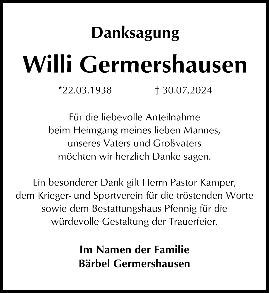  Traueranzeige für Willi Germershausen vom 31.08.2024 aus Göttinger Tageblatt