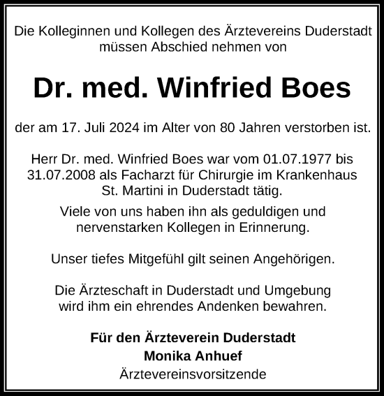 Traueranzeige von Winfried Boes von Eichsfelder Tageblatt