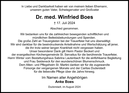 Traueranzeige von Winfried Boes von Eichsfelder Tageblatt