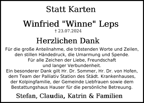 Traueranzeige von Winfried Leps von Kieler Nachrichten