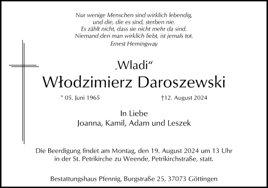 Traueranzeige von Wlodzimierz Daroszewski von Göttinger Tageblatt