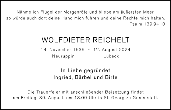 Traueranzeige von Wolfdieter Reichelt von Lübecker Nachrichten