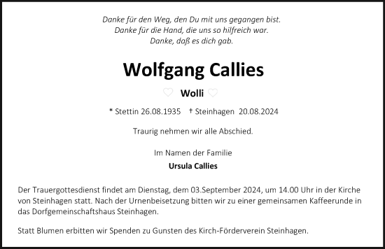 Traueranzeige von Wolfgang Callies von Ostsee-Zeitung GmbH