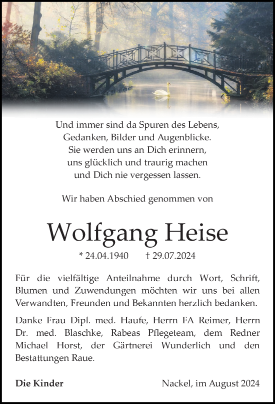 Traueranzeige von Wolfgang Heise von Wochenspiegel