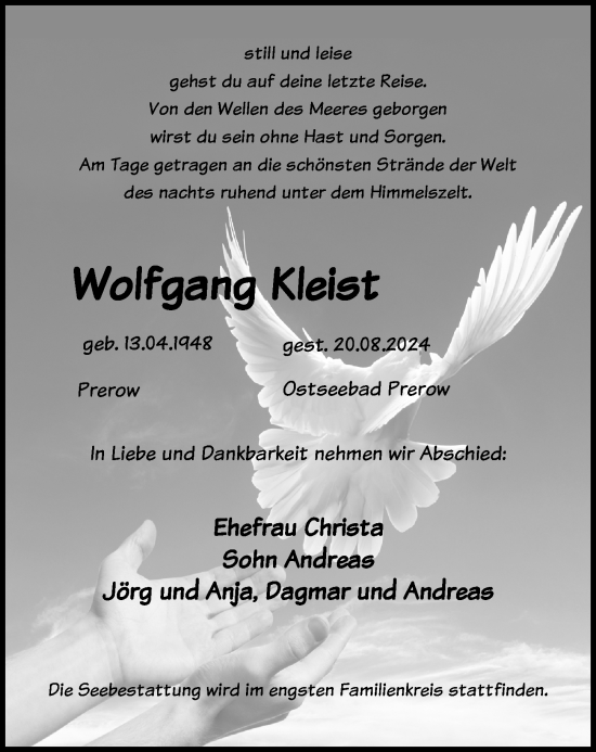 Traueranzeige von Wolfgang Kleist von Ostsee-Zeitung GmbH