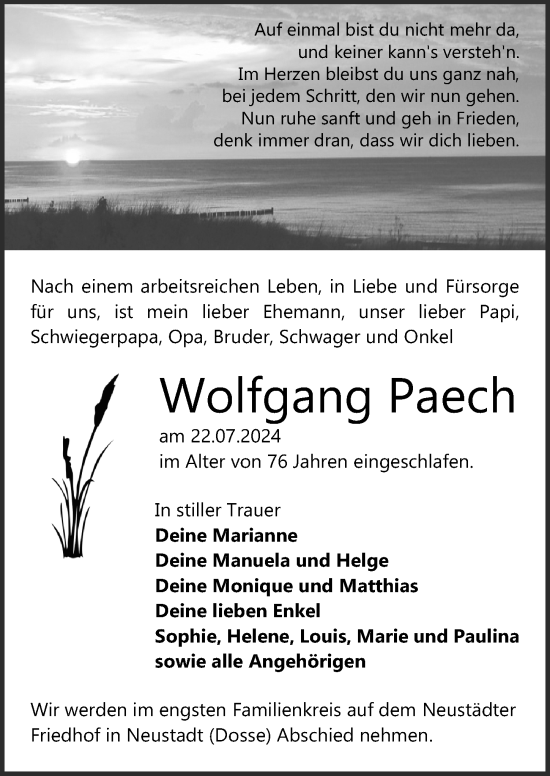 Traueranzeige von Wolfgang Paech von Wochenspiegel