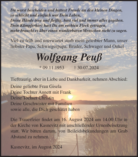 Traueranzeige von Wolfgang Peuß von Ostsee-Zeitung GmbH