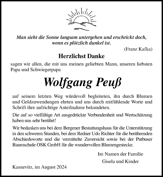 Traueranzeige von Wolfgang Peuß von Ostsee-Zeitung GmbH