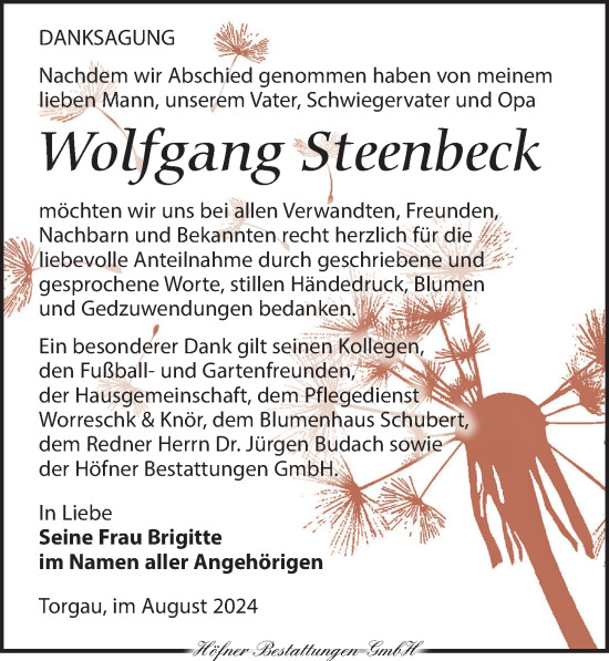 Traueranzeige von Wolfgang Steenbeck von Torgauer Zeitung