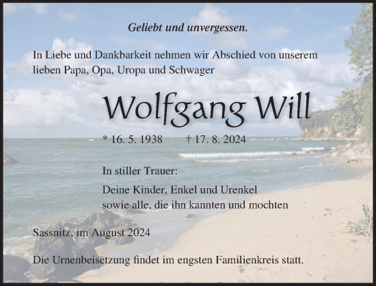 Traueranzeige von Wolfgang Will von Ostsee-Zeitung GmbH