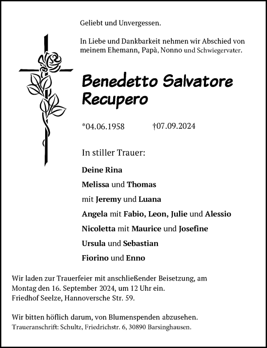 Traueranzeige von Benedetto Salvatore Recupero 